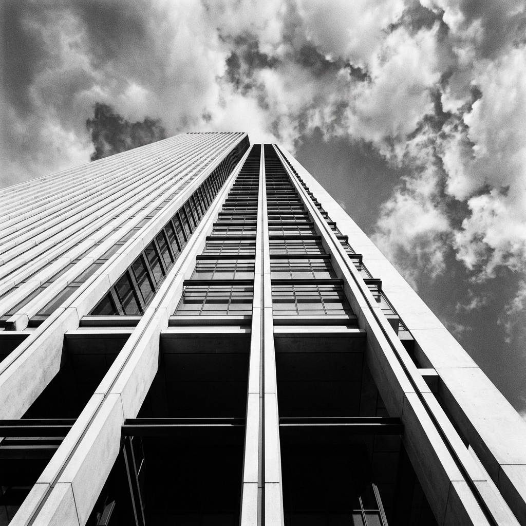 Monumental financial district building in black and white